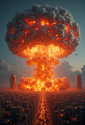 A massive mushroom cloud rises in the distance, the result of a nuclear detonation. The shockwave spreads through a nearby city, shattering buildings and incinerating everything in its path. The ultra-realistic scene is frozen in the moment of impact, with detailed debris and burning rubble flying through the air. FluxBoost,CGI 3D Animation,Fantasy detailers,