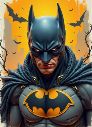 Batman, urban Comics, black and gold flag ornaments, Marvel, sci fi, highly technology, iconographic, glitch background, , watercolor, ink, mist, interactive image, highly detailed, art style by Clayton Crain + Ross Tran + Rachel Walpole + Jeszika Le Vye + Dan Volbert + Simon Stalenhag + Brian Stelfreeze,