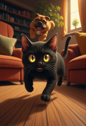 A close-up shot of a sleek black cat, its eyes wide with fear, as it's suddenly chased by a playful bulldog. The camera captures the cat's swift retreat and the dog's determined pursuit, amidst a warm and cozy living room setting with plush furniture and soft lighting.Anime Ghibli Style