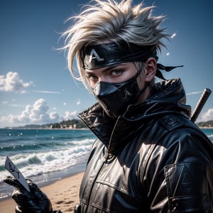 (masterpiece), 1man, spiky hair, white hair, wearing tight tactical ninja flak jacket, leather tactical ninja full mouth mask, leather gloves, and his (((tactical headband with a letter ("A") symbol))), scenery, (at beach background), sparkle, Kakashi Hatake