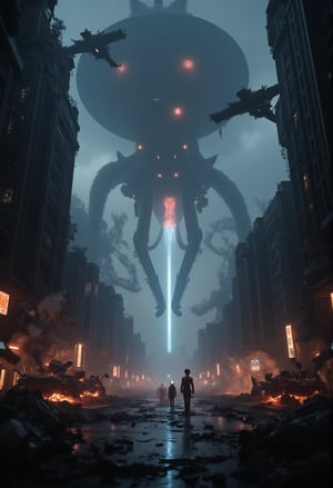 Against a darkened sky, Earth's metropolis lies shattered, as towering alien vessels swoop down, their metallic hulls reflecting the crimson glow of explosions. Giant mechanical monstrosities march through streets, crushing skyscrapers with tentacles and limbs. Human forces engage in chaos, tanks blasting, jets soaring, amidst rain-soaked devastation. Alien machinery pulsates: glowing power cores, shimmering energy shields, and organic tendrils entwined. Each raindrop interacts with characters, buildings, and debris in a hyper-realistic, CGI 3D Animation.,Fantasy detailers,Imp'roveBG