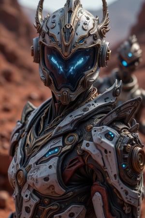 A close-up shot of a valiant space marine in advanced combat armor, his helmet's visor gleaming with intense blue lighting, as he fiercely battles extraterrestrial beasts on a desolate, crimson-hued planet terrain. The armored figure's determined expression and dynamic pose convey unwavering courage amidst the chaos.