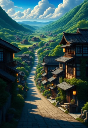 A serene morning scene in a charming Japanese village. A winding street lined with ancient wooden houses, their ornate facades adorned with paper lanterns, stretches into the distance. Traditional thatched-roof homes, surrounded by lush greenery, dot the landscape. Soft sunlight casts long shadows, highlighting the rustic charm of this idyllic setting.Anime Ghibli Style, 