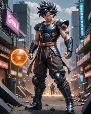 Full_body, Son Goku from the anime Dragon Ball wearing a (((cyber obsidian armour and obsidian boots, background scenery, action_pose, Dynamic Composition, best quality, masterpiece, MikieHara,ABMavatar, anime,cyberpunk style