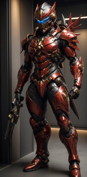 a ultimate ninja wearing advanced Nanosuit exoskeleton, advanced CryFibril, high tech techware design elements, (((black and red Sci Fi high tech techware helmet like genji overwatch))), high tech short horn, black and red hard porcelien plating, in the style of mamoru nagano + noriyoshi ohrai + frank frazetta, standing, rule of third, studio lighting, ultra detailed, ultra realistic, dramatic, sharp focus, HDR, remarkable color, intricate detailed, (((full_body))), 
,bl1ndm5k,Nanosuit exoskeleton