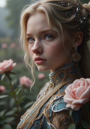 A stunning photorealistic portrait of a breathtakingly beautiful girl gazes directly into the camera's lens from a tight, close-up shot. Her porcelain doll-like complexion and luscious locks are set against a lush backdrop of ancient flowers in full bloom within a serene garden, as if transported straight from a mythical realm.