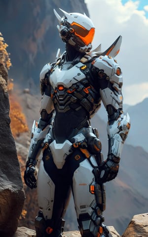 wide full_body view, The black with dark orange accents Sci Fi cyberpunk techwear high tech genesis vanguard armour suit, Sci Fi cyberpunk high tech techware (helmet like genji overwatch), high tech short horn, standing pose on mountain cliff background, rule of third, studio lighting, ultra detailed, ultra realistic, dramatic, sharp focus, remarkable color, GVA Armour Suit,cyberpunk style,More Reasonable Details