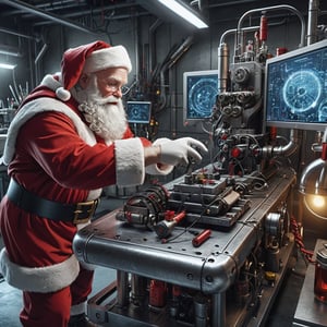 (masterpiece, best quality, high_res, realistic, epic), Santa Claus is an inventor, dressed in a mechanical suit, in a lab designing a high-tech sled,

