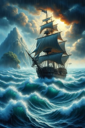 a pirate ship sail in turbulance wavy ocean, rainy, storm, island,AbmoilPainting