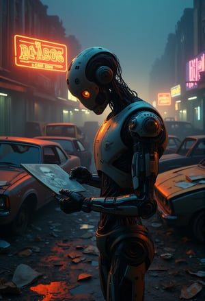 Robot Among Abandoned Cars: A cybernetic robot stands amid a parking lot filled with rusting, abandoned cars. Neon lights flicker in the distance, and the robot's posture conveys sadness as it touches a faded photo found in the wreckage. The cold metallic surroundings are softened by the deep emotional weight of the scene, captured in cinematic detail.,ElectDreDysto