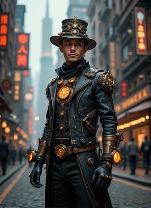 Confidently standing amidst the bustling streets of a steampunk metropolis, a 25-year-old young man exudes charm in his sleek, high-tech outfit. Intricate gears and accessories adorn his attire, paired with gleaming crystal runes pulsing with an otherworldly energy. A striking futuristic hat topped with delicate gears adds to the vintage-futuristic blend. As he poses dynamically, the city's skyline features a fusion of ancient rune stones and modern machinery, generating a vibrant aura that seems to draw power from the runes.