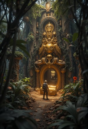 A zoom close_up shot a treasure hunter ventures into the dense forest in search of an ancient treasure. scene is the treasure hunter standing in front of an ancient temple covered in gold carvings, shiny. The temple is covered with creepers and moss. location in the middle of a thick tropical forest, surrounded by towering tall trees and various plants, forest flowers and dried leaves on the ground. at the entrance of the temple there is a golden pit with a treasure chest. FluxBoost,CGI 3D HD Animation,Midjourney_Whisper