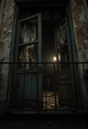 A cinematic wide angle shot of a rotting hotel balcony, with splintered wood and peeling paint. The camera zooms in on the open door leading into a dark, decayed room, with curtains fluttering in the wind. The shadows of unseen figures seem to dance inside, barely visible beyond the dim light coming from a flickering streetlamp below. The dynamic angle emphasizes the feeling of something lurking just beyond the doorway.FluxBoost,Midjourney_Whisper,FluxBoost,Midjourney_Whisper