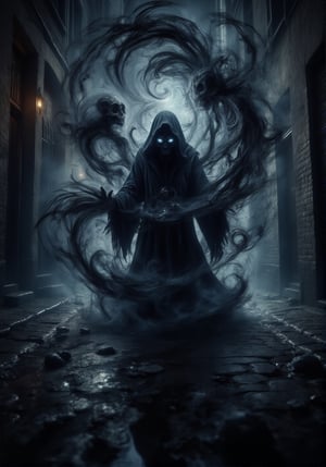 A dark alleyway at midnight, a lone figure shrouded in shadows, eyes aglow with an otherworldly intensity as they conjure forth a swirling vortex of darkness. The sorcerer's robes billow behind them like smoke, as if fueled by the very essence of night itself. Shadowy tendrils writhe and twist, taking form as skeletal constructs that dance at their command, while the air thickens with an aura of foreboding, as if the night itself has become a tangible entity., DarkAura