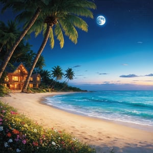 In this exquisite Octane rendering, a remote, idyllic beach scene at night captivates the viewer with its serene beauty. A charming, striking colorful wooden beach house is nestled among tall, striking green coconut trees, creating a picturesque setting. The landscape is further enhanced by beautiful colorful flowers that surround the house. The pristine, white-sand beach and crystal-clear waters with gentle waves lapping at the shoreline add to the scene's allure. The full moon casts a soft, silvery glow over the surroundings, illuminating every detail and emphasizing the tranquility of this enchanting beach paradise. ultra detailed, ultra realistic, with dramatic polarizing filter, sharp focus, HDR, 64K, 16mm, color graded portra 400 film, remarkable color, ultra realistic,
