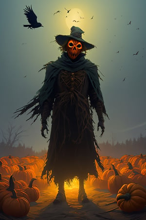 (action_pose), cinematic, In the heart of the pumpkin farm, a lone scarecrow stands tall with crow on shoulder, its body made of tattered rags and straw, its eyes glowing with an otherworldly power. As the fog thickens, the scarecrow's true form is revealed - a monstrous creature, ready to defend its home at all costs., ((Crow flying around)), foggy, ultrarealism, cinematic, ultra high definition, hyper realistic, high detailed, 8K, intricate details, artstation, wallpaper, official art, splash art, sharp focus, (Slightly Cinematic), SAI Enhance, cinematic still, beautiful and aesthetic:1.2), extremely detailed, (fractal art:1.2), colorful, highest detailed, (zentangle:1.2), (many colors:1.4), highly detailed, high budget, bokeh, cinemascope, epic, gorgeous, film grain, grainy, breathtaking, award-winning, professional, highly detailed, dark atmosphere, neon lights, digital painting, concept art, smooth, sharp focus, illustration, hyperrealistic, photorealism, octane render, dripping paint, 3d style, 3d, 4_fingers, no_fingers,
,HellAI,