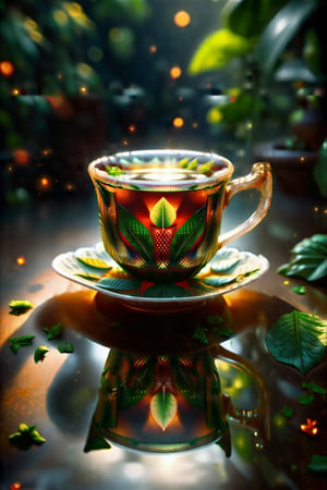 A cup of tea with leaves forming intricate patterns, illuminated by soft, dramatic lighting, and a fortune-teller's face reflected in the surface. EpicFantasy,H-Q hyperrealistic, 