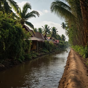 A super ultra clear HD HDR hyper-realistic and hyper-detailed photography, low angle shot of a detailed thailand tradisional wooden village houses, plants and bush, coconut trees, dirt road, tiki bamboo fance with miniature flowers, river. cinematic, hyper-realistic, enhanced reflections,  fading light, megapixel cinematic lighting, anti-aliasing, vignette, film grain, SFX, VFX, CGI, RTX, SSAO, FKAA, TXAA, HD HDR, depth of detail, rendered with octane render for realistic lighting and shadow, no blurry, with 12 billion parameters for clarity, texture, and detail.  hyperrealistic,
