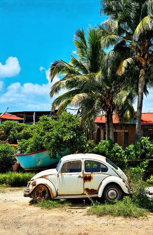 (best quality, 4K, 8K, high-resolution, masterpiece), ultra-detailed, Stunning visuals of a photorealistic image: A rusty and broken white Volkswagen Beetle sits beside an east Malay traditional wooden house, surrounded by the tranquility of a beach and fishing village. The composition is dynamic, with the beetle's curves contrasting the angular lines of the house. A park boat drifts gently in the distance, while coconut trees sway above. A rhu tree stands tall, its branches tangled in a net. The blue sky above provides a cool color palette, as the camera captures both a close-up shot of the beetle and a wide view of the serene scene.
