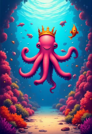 An underwater scene featuring a playful cartoon octopus wearing a crown, surrounded by colorful fish, turtles, and a smiling dolphin. Coral reefs are drawn with exaggerated, swirly shapes, and the ocean floor is filled with seashells and hidden treasure chests. Bubbles float upwards, adding to the lively atmosphere. cartoonish 3D painting