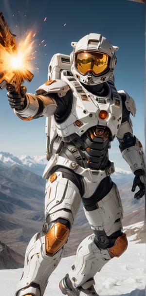 (best quality, 8K, high-resolution, masterpiece), ultra-detailed, The image shows an sleek high tech astronaut suit floating in a explosion fire snowy mountainat background, firing a weapon. The robot has a white body with dark orange accents and is equipped with a large white blaster. dynamic angle shot, cinematic, film lighting, dramatic, ultra quality, ultra realistic, sharp focus, studio lighting, remarkable color,bl1ndm5k,Nanosuit exoskeleton