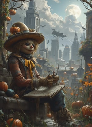 A scarecrow with a straw hat and a sketchbook sits on a bench, capturing the beauty of the world around it in quick, confident strokes. The scarecrow's eyes are sharp and observant, its hand steady as it creates a masterpiece on the page. Behind it, a bustling cityscape stretches out, filled with towering skyscrapers and busy streets. The scarecrow's hat is decorated with a collection of pencils and erasers, symbols of its dedication to the art of drawing and the joy of capturing the world on paper. DarkHalloween,justart01,cartoon art,Fantasy detailers 