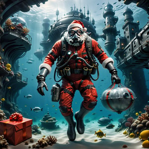 masterpiece, best quality, high detailed, Extremely Realistic, futuristic, It's a new world under the ocean, santa ready to deliver the presents, Santa with diving gear and wearing diving mask while (((carrying a sack of gift))) dives 🤿 to a (((futuristic city at the deep bottom of the sea))), action_pose, DonMR3mn4ntsXL undersea Metropolis