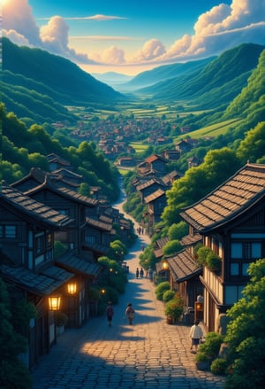 A serene village scene: a small town nestled in lush greenery, with narrow cobblestone streets meandering through the heart of the village. Wooden houses with tiled roofs and sliding doors blend harmoniously with traditional Japanese architecture, such as shoji screens and tatami mats. The soft light of dusk casts a warm glow on the charming village, inviting passersby to wander its winding paths.Anime Ghibli Style, 