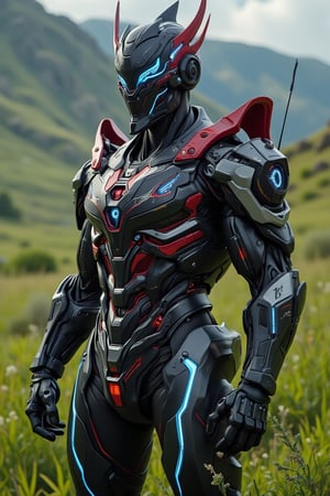 A man stands tall in a lush green grassy field, surrounded by the futuristic fusion of matte black carbon fibre and metallic red with white accents, as neon blue lights emanate from his cybernatic armour suit. The symmetrical form of the GVA Armour Suit is inspired by Genji's Overwatch design, complete with a high-tech short ear antenna. The subject's pose exudes confidence, with the rule of thirds applied to balance the composition.