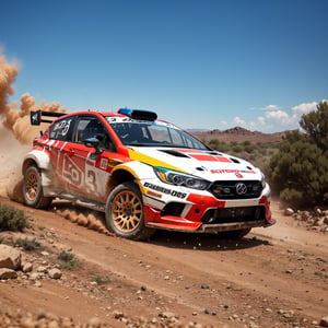image of the rally car drifting on rough terrain, scatter dust came from tyre, taken from a ground angle view.