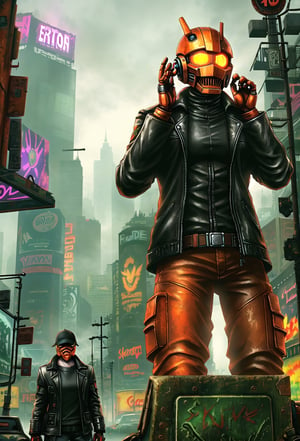 Rusty humanoid robot towers over the desolate urban landscape, its vibrant orange head and piercing black eyes scanning the surroundings with an air of curiosity. Framed by the eerie glow of neon signs and advertisements, the robot's right hand rises near its helmet, as if examining or acknowledging something just out of frame. The fog-shrouded backdrop of abandoned vehicles and dilapidated buildings adds to the sense of post-apocalyptic unease, while the robot's black leather jacket and stoic pose convey a mix of determination and mystery.,dystopian cyberpunk,photorealistic
