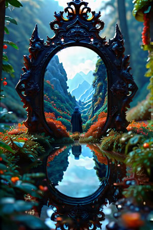 A dark, ornate mirror used for scrying, showing a vivid, otherworldly landscape within its reflection, with a mysterious figure peering in. EpicFantasy,H-Q hyperrealistic, 