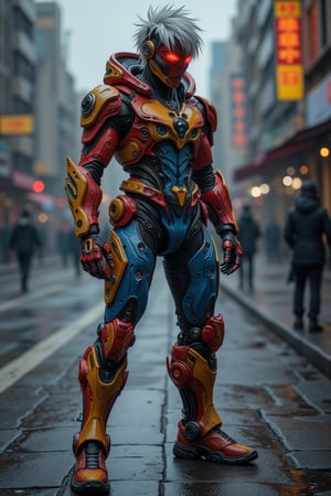 Highly detailed portrait of a cyborg guy standing in the city street, dinamic pose, wearing a high tech LED blindmask on her eyes, white hair|spiky short hair, detailed hair, obsidian boots, backdrop of a complex city street, colors: Red, Blue, Mustard Yellow, Gray, perfect hands, perfect body proportions, form-fitting mecha armor, anime vibes, full body wide shot,sentry armour,Midjourney_Whisper