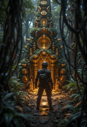 A zoom close_up view, ground_angle shot a treasure hunter ventures into the dense forest in search of an ancient treasure. scene is the treasure hunter standing in front of an ancient temple covered in gold carvings, shiny. The temple is covered with creepers and moss. location in the middle of a thick tropical forest, surrounded by towering tall trees and various plants, forest flowers and dried leaves on the ground. at the entrance of the temple there is a golden pit with a treasure chest. FluxBoost,CGI 3D HD Animation,Midjourney_Whisper