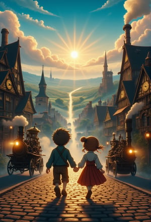 A whimsical townscape unfolds as a boy and girl, hands clasped together, stroll side-by-side through the misty streets. Steeples and clock towers rise from the cobblestone roads, where steam-powered carriages rattle by, their hissing pipes spewing wisps of vapor. The sun casts a warm glow, illuminating intricately detailed buildings with copper accents and wispy smoke curls rising from chimneys. A low-angle view captures the sense of adventure as the pair explores this fantastical world, where gears and cogs meet ancient magic.Anime Ghibli Style