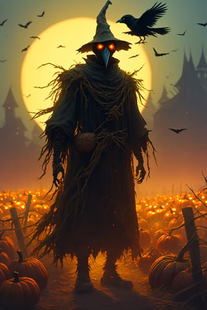 (action_pose), cinematic, In the heart of the pumpkin farm, a lone scarecrow stands tall with crow on shoulder, its body made of tattered rags and straw, its eyes glowing with an otherworldly power. As the fog thickens, the scarecrow's true form is revealed - a monstrous creature, ready to defend its home at all costs., ((Crow flying around)), foggy, ultrarealism, cinematic, ultra high definition, hyper realistic, high detailed, 8K, intricate details, artstation, wallpaper, official art, splash art, sharp focus, (Slightly Cinematic), SAI Enhance, cinematic still, beautiful and aesthetic:1.2), extremely detailed, (fractal art:1.2), colorful, highest detailed, (zentangle:1.2), (many colors:1.4), highly detailed, high budget, bokeh, cinemascope, epic, gorgeous, film grain, grainy, breathtaking, award-winning, professional, highly detailed, dark atmosphere, neon lights, digital painting, concept art, smooth, sharp focus, illustration, hyperrealistic, photorealism, octane render, dripping paint, 3d style, 3d, 4_fingers, no_fingers,
,HellAI,