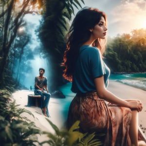photoultrarealistic, ((blurry overlay edge between two images)), a (((man jungle tracking at forest))), and other image a (((beautiful girl wearing T-shirt and long skirt sitting at beach))), detailed face, detailed skin, detailed eyes, Ultra-clear, ultra detailed, ultra realistic, with dramatic polarizing filter, vivid colors, sharp focus, 32K, ABMpicssplit