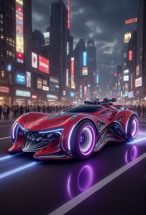 A sleek, red futuristic car with purple neon-lit spoilers and gull-wing doors drifts effortlessly down a dark, rain-soaked city street, its tires screeching as it takes the curve, while towering skyscrapers and holographic advertisements illuminate the cyberpunk landscape.,Hightech Car,FluxBoost