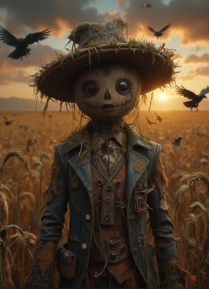 This scarecrow stands in the middle of an abandoned wheat field, wearing a torn jacket and a straw hat almost covered in moss. Its eyes, made from two shiny black buttons, emit a cold, unnerving aura. The orange dusk sky casts a soft light on its burlap face, highlighting the intricate texture. Crows circle around it, adding a sense of horror in the stillness of the forgotten field. DarkHalloween,justart01,Fantasy detailers,power armor,sentry armour