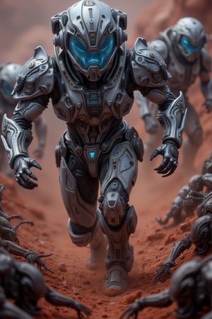 A space marine warrior clad in gleaming power armor, its cerulean visor aglow with tactical data, charges forward amidst the crimson-hued haze of an alien battleground. The rust-red soil beneath is scarred by the scuttling creatures' twisted forms as they writhe in agony, their darkened eyes fixed on the unwavering marine's unyielding determination to vanquish the extraterrestrial threat.