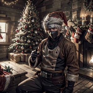 Best quality, high-res photo, cowboy style, (((kakashi hatake))) help (((decorate santa's house into cowboy saloon))) enthusiastically, high detail, (((Western Cowboys‘ christmas Style))), (((wild west trinkets background))), (((christmas tree cowboy style))), fireplace, wild west vibe, 3d style, cowboy, action_pose, (((wide angle shot))), 