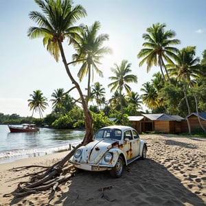 In a breathtakingly detailed image, a rusty and broken white Volkswagen Beetle sits majestically on the sandy beach beside a traditional South East Asian wooden house. The camera frames the composition with the curved lines of the Beetle contrasting the angular silhouette of the house. A park boat drifts serenely in the distance, while coconut trees sway above, their leaves rustling gently in the breeze. A tall Rhû tree stands proud, its branches tangled in a net. As the sun shines brightly from a clear blue sky, casting a warm glow, the camera captures both an ultra-detailed close-up shot of the Beetle and a wide-angle view of the peaceful fishing village scene, with hyper-realistic textures and subtle color nuances that seem almost palpable.