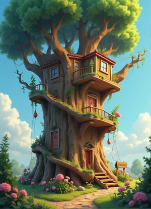 create an image of a big tall busy whimsical treehouse, there are windows and doors, a winding staircase windfs up the side of the tree, there are little flower gardens around and grass ,glitter