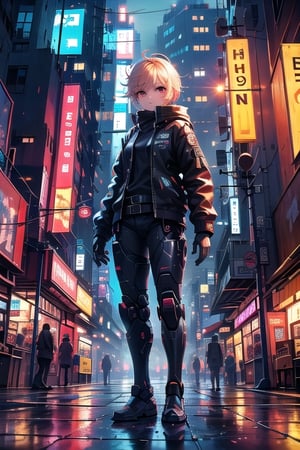 digital art piece of a Against a misty post-apocalyptic cityscape, a humanoid robot stands tall, its orange head and large black eyes surveying the desolate surroundings. Wearing a black leather jacket, it raises its right hand near its head, as if examining or waving at something unseen. The urban street is lined with neon signs and advertisements, casting a futuristic glow amidst the ruins of abandoned vehicles and dilapidated buildings. Fog swirls around the robot, shrouding it in mystery as it stands sentinel in this dystopian landscape.
,dystopian cyberpunk,photorealistic