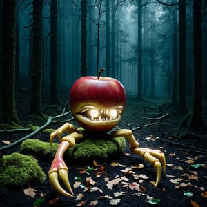 In a dense, fog-shrouded forest, an eerie atmosphere prevails as the camera captures a hyperrealistic image of an anthropomorphic apple-like creature. Its twisted, branch-like legs and claw-like protrusions from the core seem to grasp the damp earth, while shiny eyes gleam with malevolent intent and sharp teeth appear ready to strike. The camera's low angle shoots up at the creature, emphasizing its dominance over the fog-shrouded forest floor blanketed in fallen leaves and moss, adding a layer of realism to the scene.