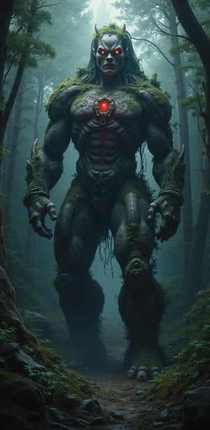 A Forest of Stone Giants, Motionless Yet Alive: Enormous (stone giants stand frozen in a dense forest), moss and vines creeping over their (cracked forms). red gems stone on chest. Their eyes glow faintly as if waiting for the right moment to awaken.