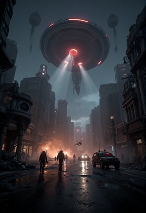 Against a darkened sky, Earth's metropolis lies shattered, as towering alien vessels swoop down, their metallic hulls reflecting the crimson glow of explosions. Giant mechanical monstrosities march through streets, crushing skyscrapers with tentacles and limbs. Human forces engage in chaos, tanks blasting, jets soaring, amidst rain-soaked devastation. Alien machinery pulsates: glowing power cores, shimmering energy shields, and organic tendrils entwined. Each raindrop interacts with characters, buildings, and debris in a hyper-realistic, CGI 3D Animation.,Fantasy detailers 