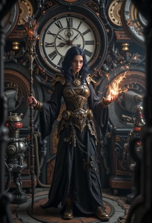 a witch in a towering, steampunk-inspired clock tower filled with gears, pipes, and alchemical equipment. She wears a combination of dark robes and brass, gear-laden armor, and wields a staff with glowing, mechanical crystals. In the background, massive clock faces and steam-powered machinery churn as she casts a spell, causing swirling sparks of energy to form around her. CGI 3D HD Animation,FluxBoost,Midjourney_Whisper