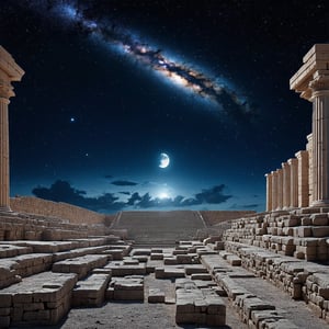 A high-quality hyperrealistic photograph of Milky Way over Karnak Temple in Egypt The photo shows an amazing night view of a starry sky with part of the Milky Way Galaxy in the middle. The scene is surrounded by large columns and ancient temples or structures, perhaps Egyptian or Greek temples, which are seen from bottom to top. In the upper right corner of the image there is a shining half moon, adding additional beauty to the night scene. The ancient columns and structures seem to perfectly highlight the stunning sky, creating a contrast between ancient history and the beauty of the universe. hyperrealistic,