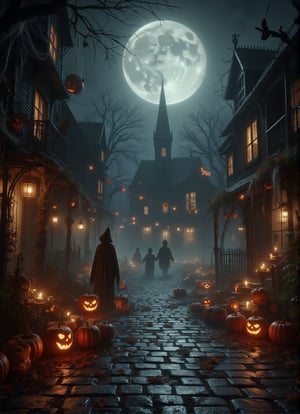 A small, eerie town square decorated for Halloween. The streets are lined with glowing Jack-o'-lanterns, flickering candles, and hanging cobwebs. The old buildings are adorned with spooky decorations, and the air is filled with the sounds of distant whispers and howling wind. A group of children in costumes can be seen in the distance, trick-or-treating. The cobblestone streets are wet from recent rain, reflecting the orange glow from the pumpkins. A full moon looms over the town, casting long shadows. Warm but eerie atmosphere. FluxBoost,DarkHalloween,Midjourney_Whisper